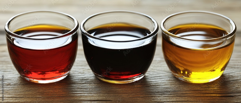 Aufkleber three glasses of colorful liquids on a wooden surface creating a vibrant and inviting ambiance with 