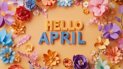 Cheerful Flat-Lay of Colorful Paper Flowers and "HELLO APRIL" Greeting on Light Orange Background.
