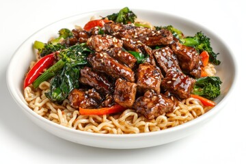 Delicious beef teriyaki with noodles broccoli carrots spinach red pepper in white bowl