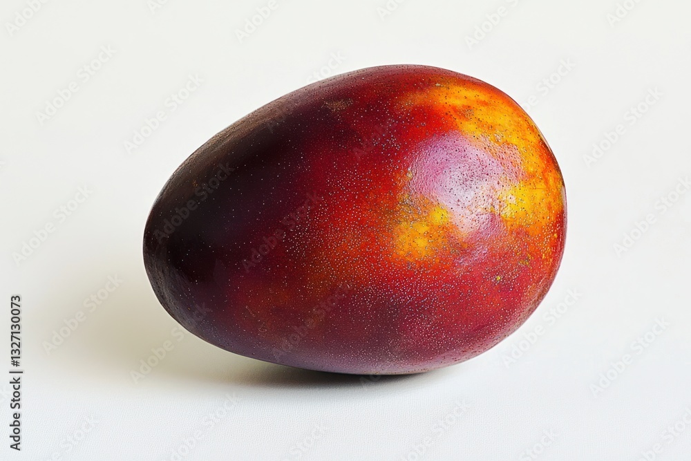Poster a vibrant close up of a red mango highlighting its fresh texture color and round shape against a bri