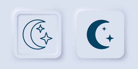 Filled and outline Moon and stars icon isolated on grey background. Cloudy night sign. Sleep dreams symbol. Full moon. Night or bed time sign. Square button. Vector