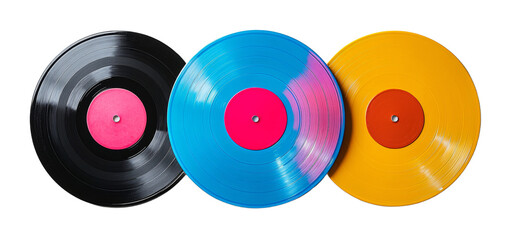 Colorful vinyl records arranged on a transparent surface