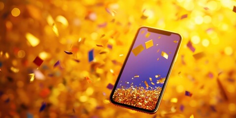 Winning bet notification on phone celebrating success digital device virtual environment vibrant background joyful concept