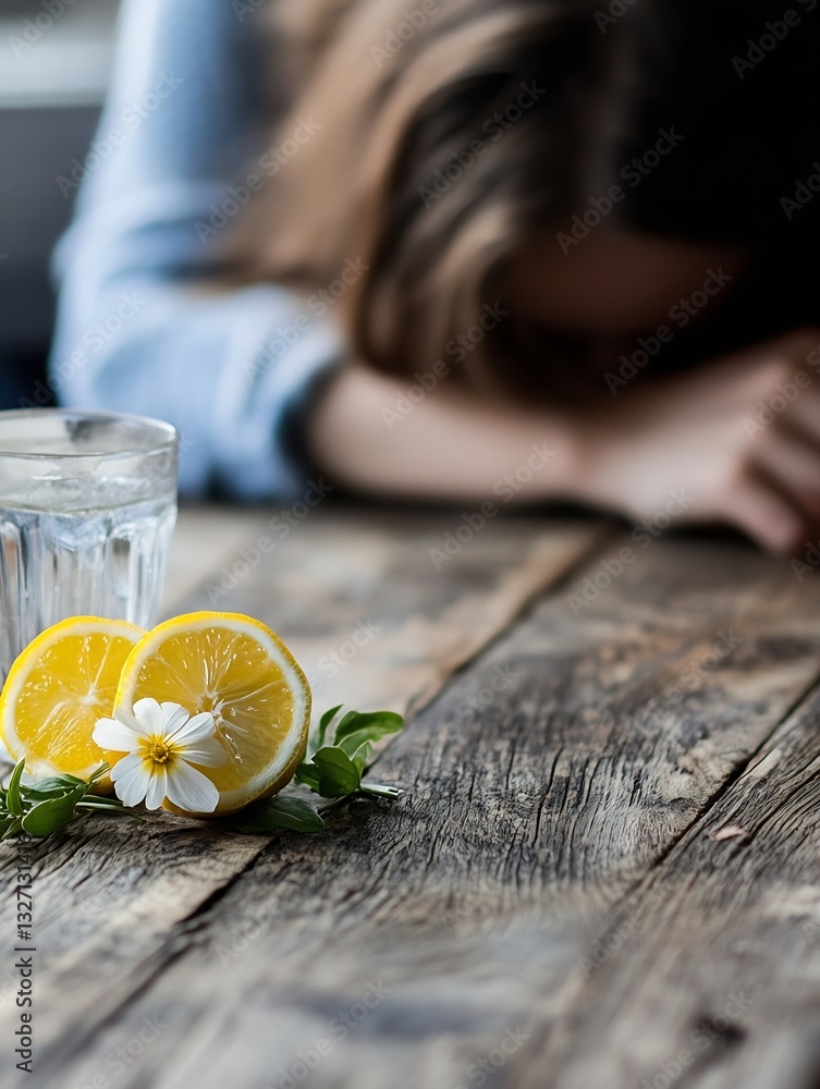 Aufkleber Sliced lemons and a glass of water on a rustic wooden table with soft natural light : Generative AI