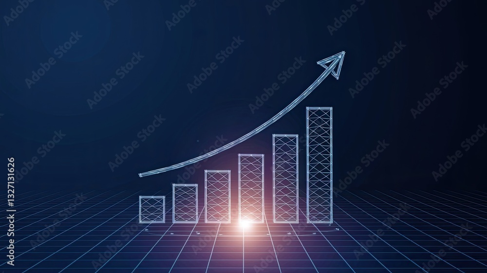 Poster hi-tech hologram of growing graph chart on blue background. digital low poly wireframe vector illust