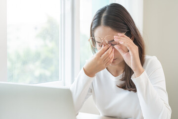 Eye problem concept, fatigue asian young woman tired eyes, irritated rubbing eye dry relief vision...
