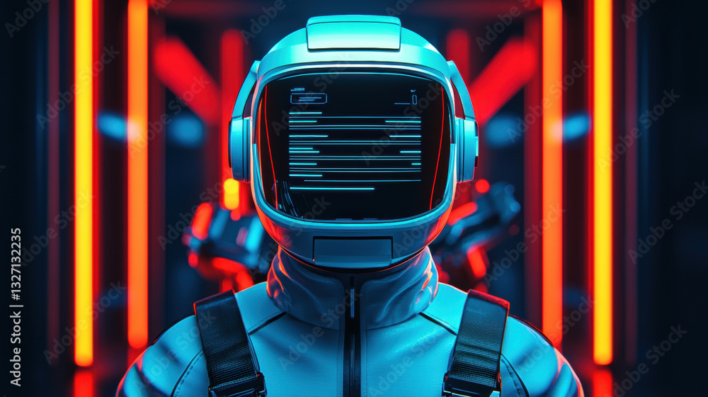 Poster futuristic robot with digital interface in neon lit environment