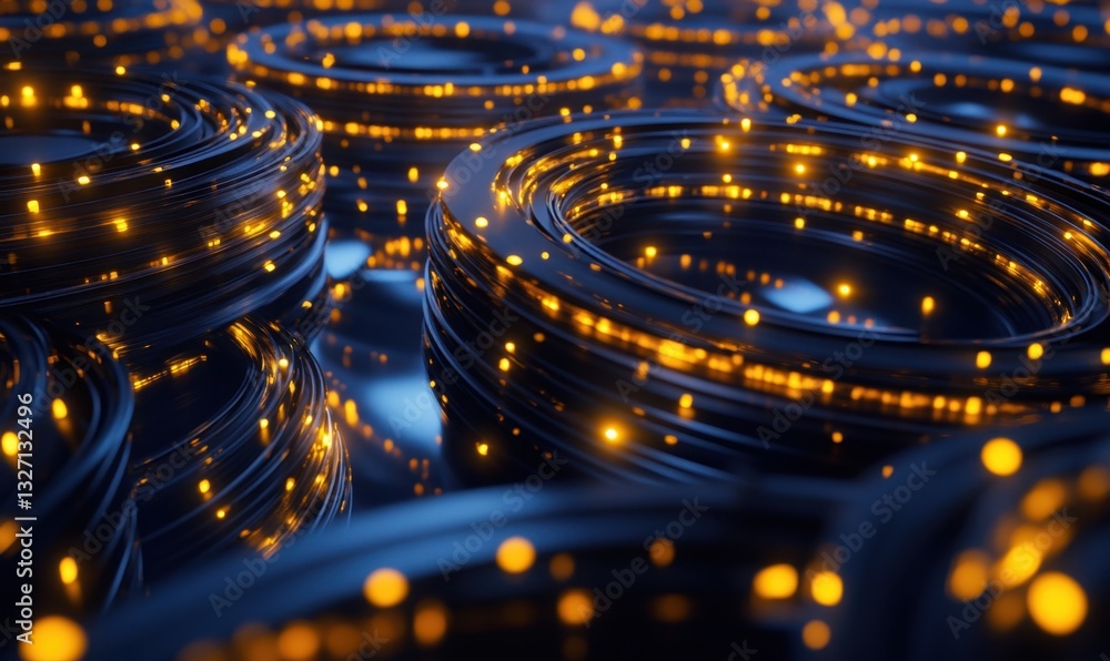 Poster glowing rings abstract background, digital data flow visualization