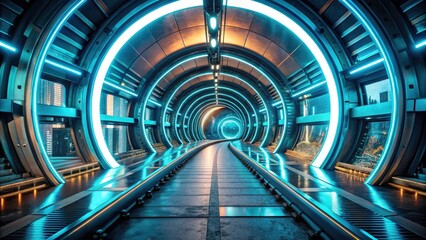 Futuristic Hyperloop Tunnel: Cyan Neon Lights, Circular Windows - 3D Rendered Urban Exploration Photography