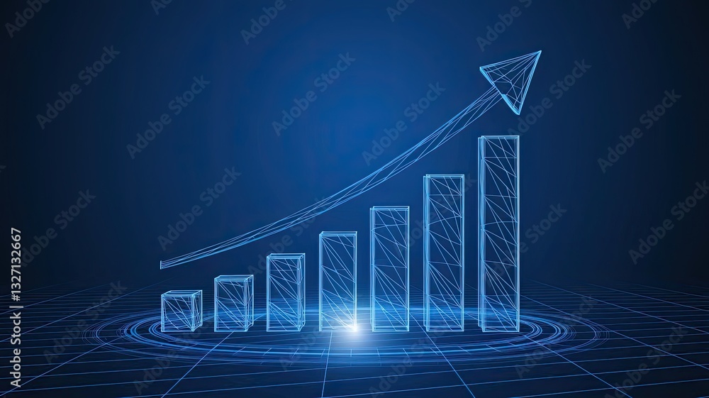 Poster hi-tech hologram of growing graph chart on blue background. digital low poly wireframe vector illust