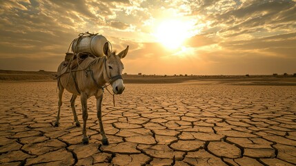 A water carrier on a donkey being transported across a dry desert landscape.