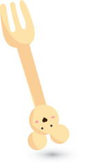 Illustration of a wooden fork, The handle extends into character face with blushing cheeks and bunny like ears, bringing warmth and personality to a simple kitchen utensil, a transparent background.
