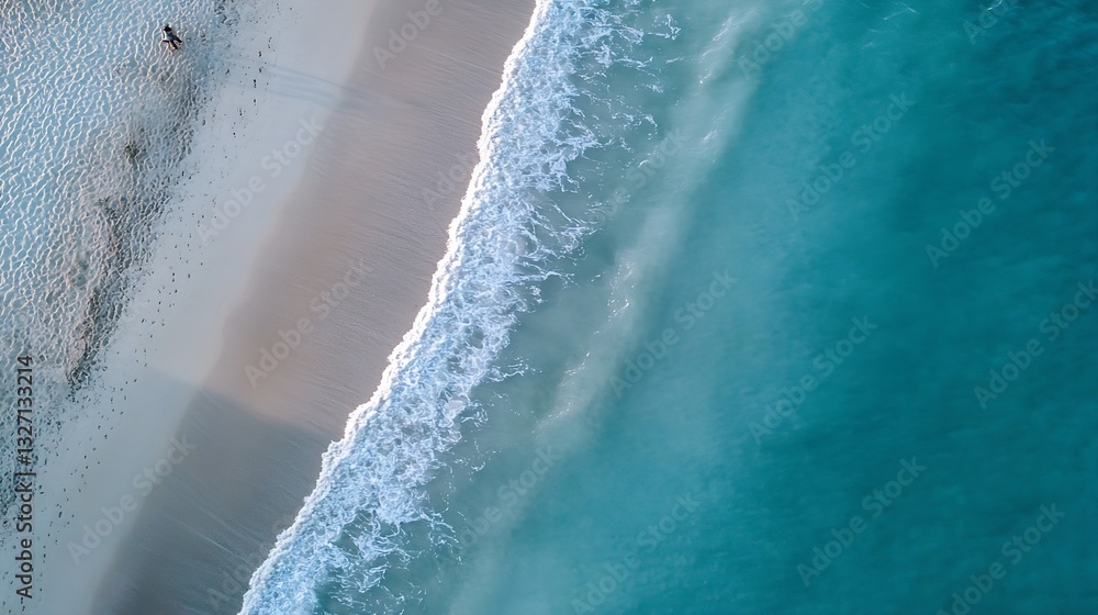 Aufkleber Birds eye view of a pristine beach with gentle waves lapping against the shore and soft sand under sunlight : Generative AI