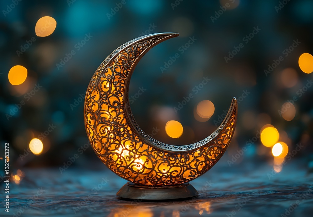 Poster decorative crescent moon lamp with intricate patterns glowing warmly