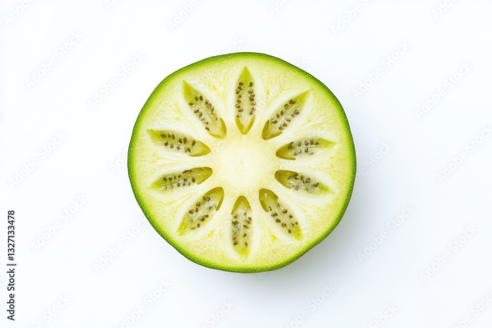 Poster close up of a fresh tomatillo cut in half on a white background with unique pattern details