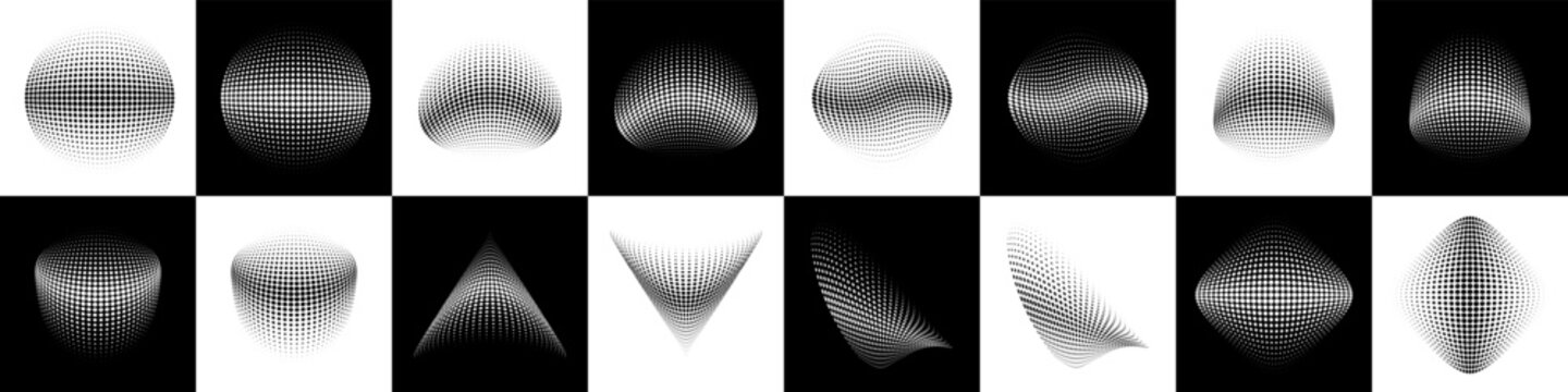 Set of halftone dots curved gradient pattern textures background. Curve dotted spots using half tone circle dot texture. 3d halftone logo collection. Vector illustration.