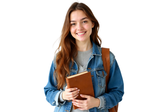 Smiling young student girl with book isolated on transparent background