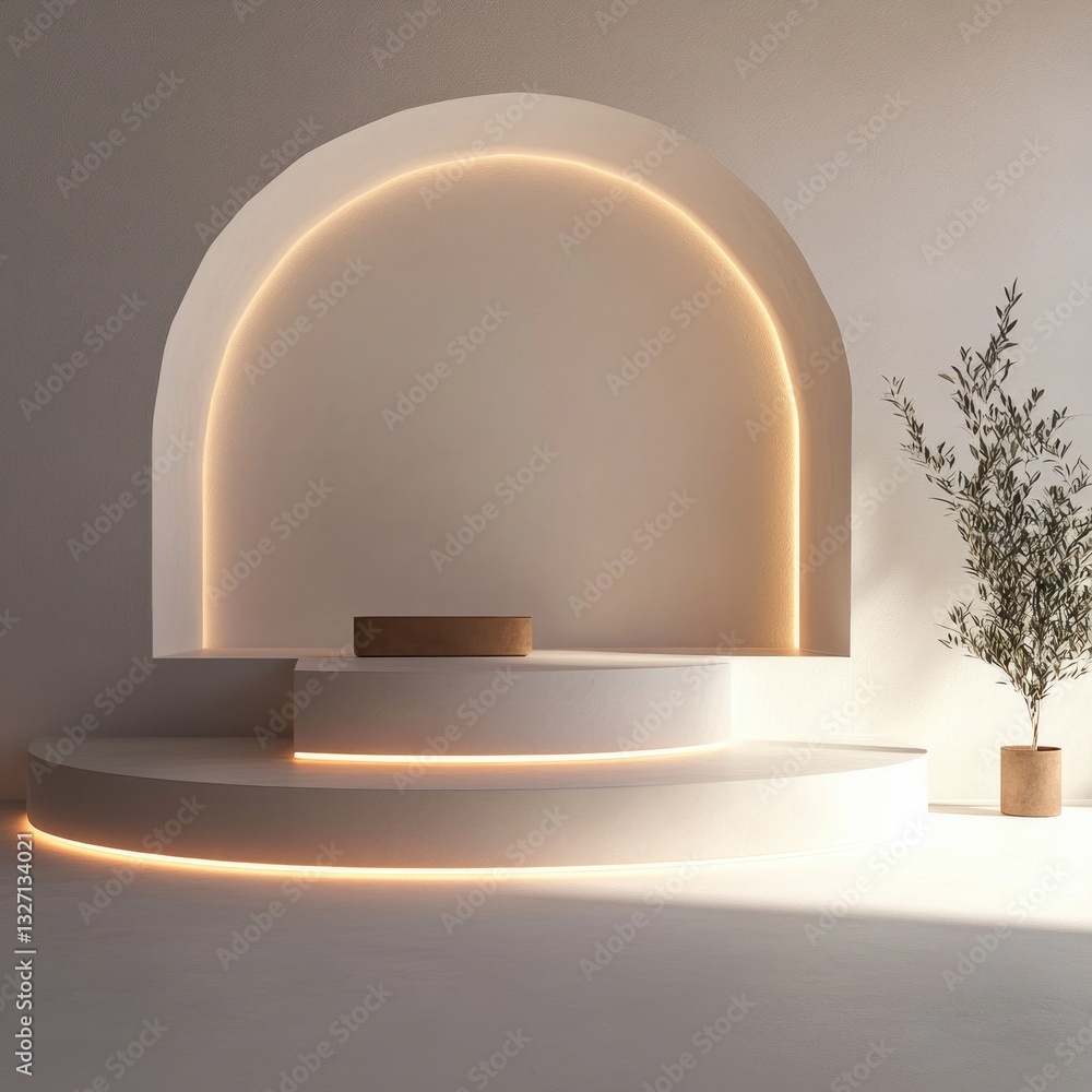 Poster serene studio illuminated archway with gentle light on minimal presentation platform and decorative 