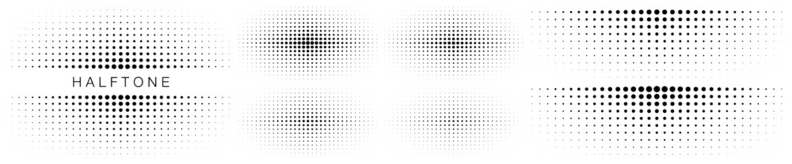 Set of halftone dots curved gradient pattern textures background. Curve dotted spots using half tone circle dot texture. Halftone design elements collection. Vector illustration.