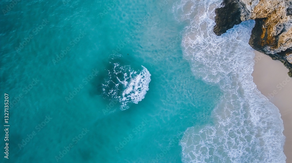 Poster aerial view of a beautiful beach with clear turquoise water and crashing waves on sandy shore : gene