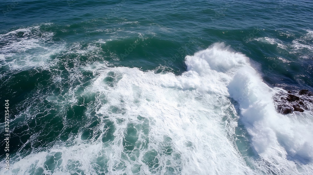 Poster aerial view of powerful waves crashing on rocky shore under bright sunlight : generative ai