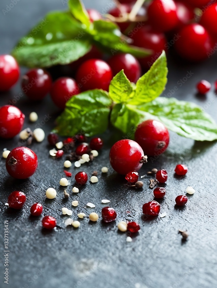 Aufkleber a vibrant arrangement of red berries and green mint leaves creating a fresh and colorful display : g