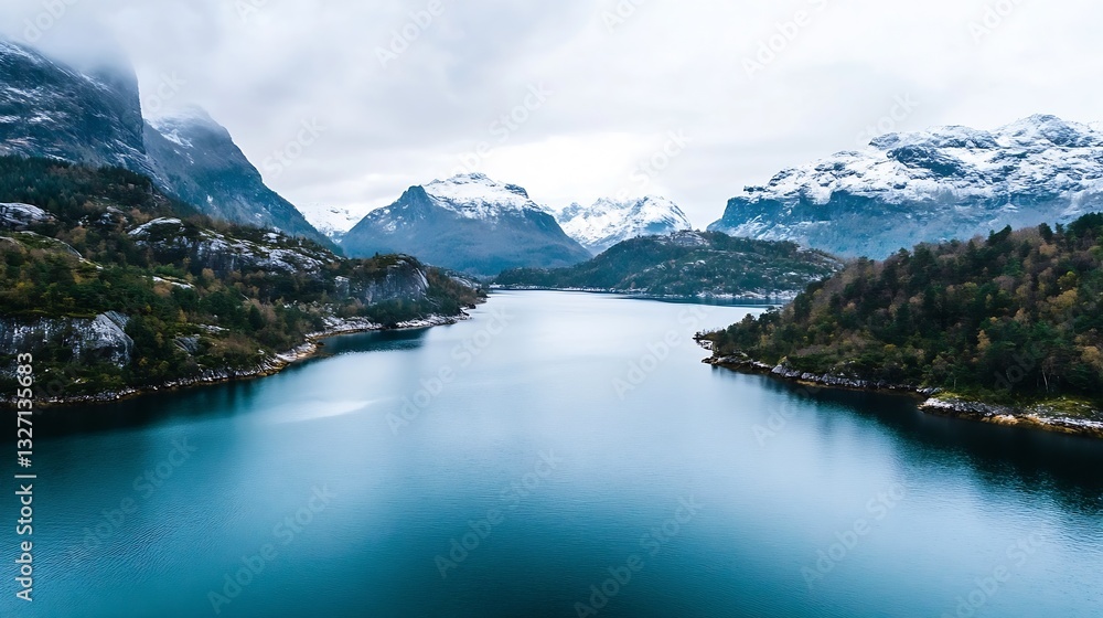 Poster breathtaking panoramic view of snow capped mountains surrounding a serene lake in the wilderness : g