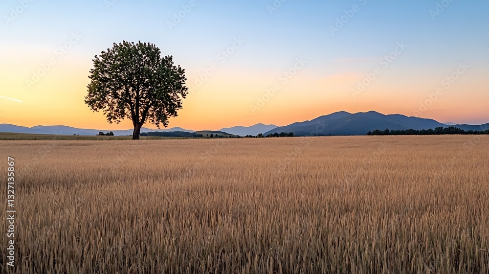 Poster Lone tree standing in golden wheat field under a sunset sky with mountains in the background : Generative AI