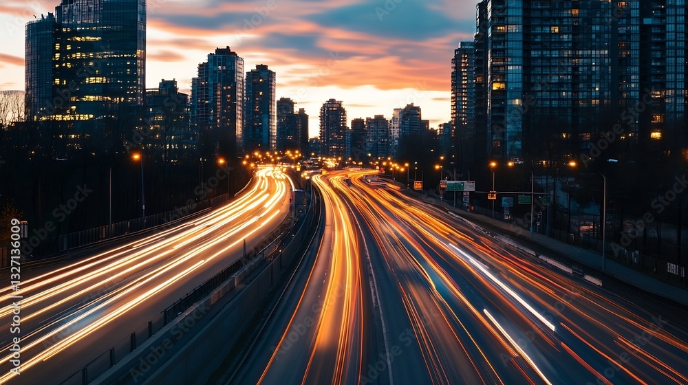 Aufkleber dynamic view of city traffic at dusk with vibrant light trails from moving vehicles : generative ai