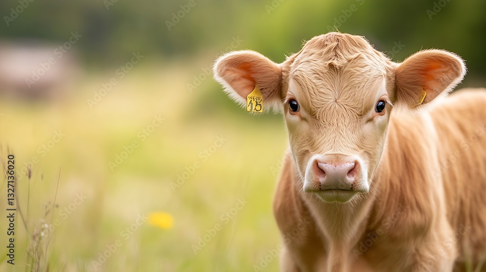 Poster closeup of a curious calf in a green pasture showcasing its innocence and charm : generative ai