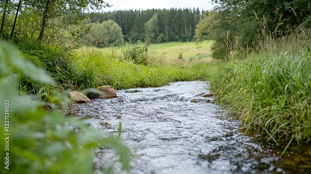 Poster serene stream flowing through lush green grass and vibrant foliage in a tranquil natural setting : g