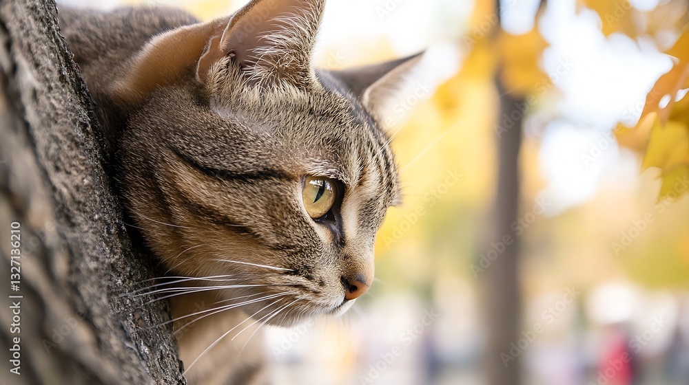 Poster Closeup of a curious cat peeking from a tree in autumn colors : Generative AI