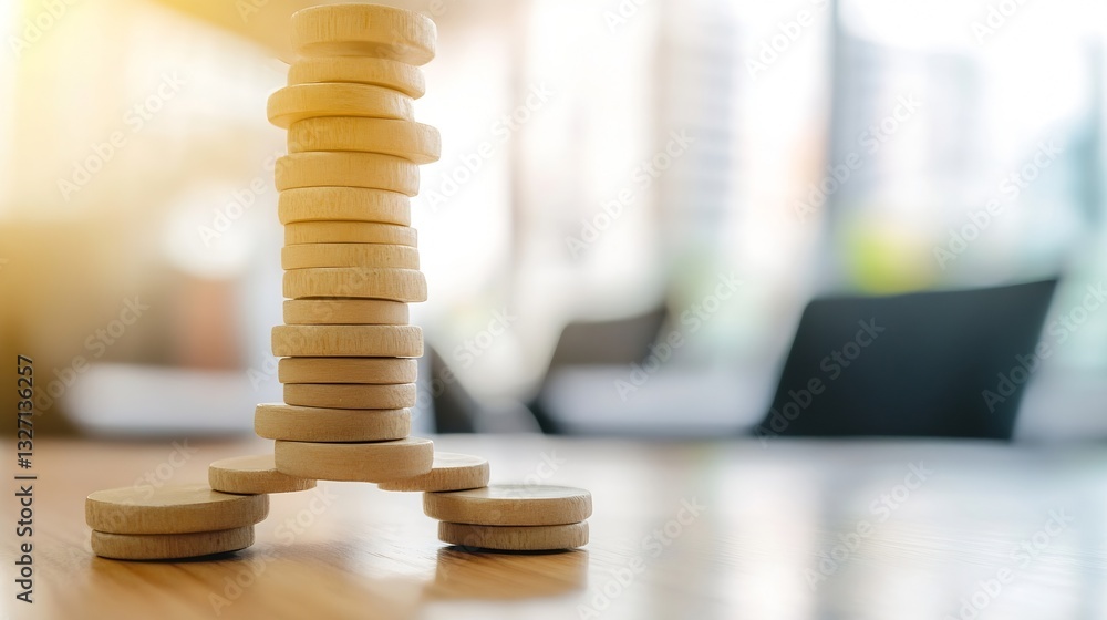 Aufkleber Stacked wooden discs creating a tower on a wooden table in a bright indoor setting : Generative AI