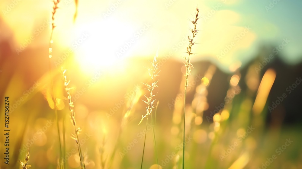 Poster sunlight illuminating tall grass in a serene landscape during a beautiful sunset : generative ai