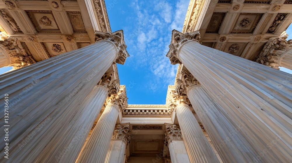 Poster Low angle view of majestic classical columns against a bright sky with clouds showcasing architecture : Generative AI