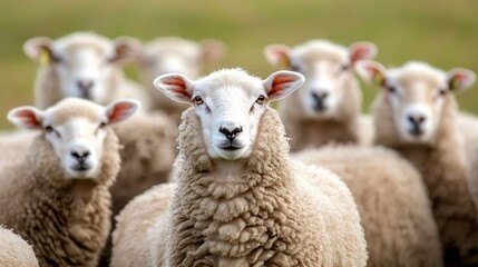 Obraz premium Curious sheep standing together in a lush green meadow showcasing the beauty of pastoral life : Generative AI