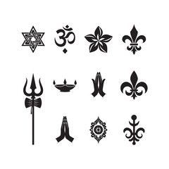 Fototapeta premium hindu religious and spiritual symbol vector icon set om trishul diya fleur de lis namaste design illustrations