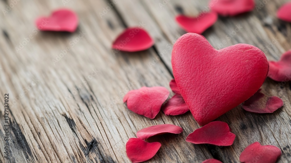 Poster charming red heart stone surrounded by rose petals on rustic wooden background : generative ai