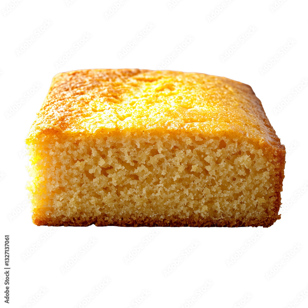 Poster moist, golden cornbread slice with a fluffy texture, presented, showcasing its inviting appearance. 