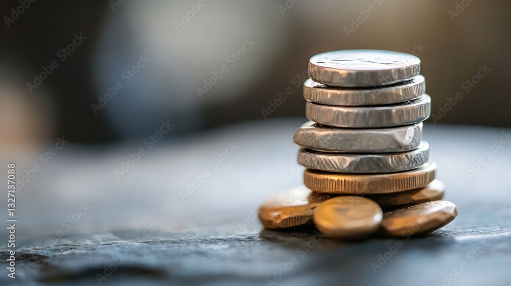 Leinwandbilder close up view of stacked coins sunlight reflecting on shiny metal coins in an artistic way : generat