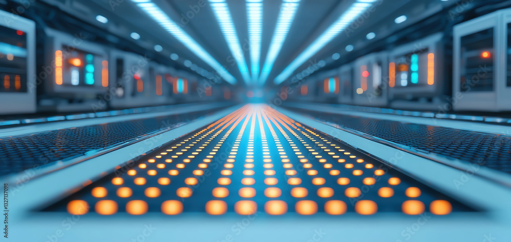 Poster high tech factory with illuminated floor and machinery in background