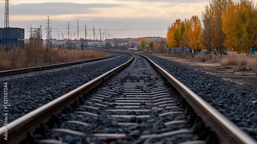 Poster railway tracks leading through a beautiful autumn landscape with colorful trees : generative ai