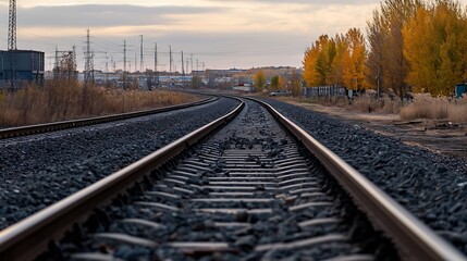Fototapeta premium Railway Tracks Leading Through a Beautiful Autumn Landscape with Colorful Trees : Generative AI