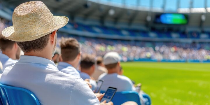 Mobile betting experience during a packed football match at the stadium sports event outdoor arena spectator - Powered by Adobe