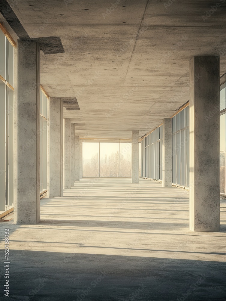 Poster concrete hallway with columns in a modern building under construction with natural light and shadows