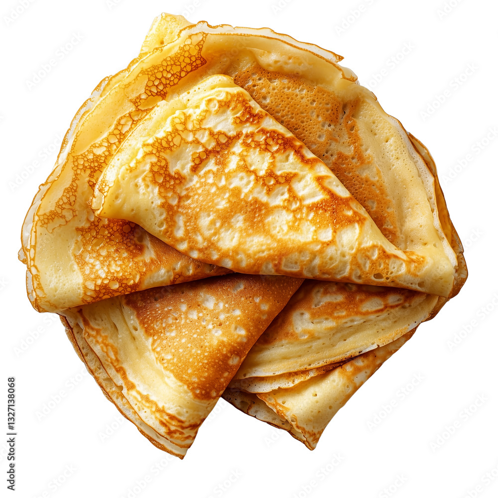Poster stack of golden, crispy crepes arranged elegantly highlighting their texture and color. isolated on 