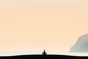 Fototapeta premium woman sits on beach and meditates. sky is orange at sunset, and the water is calm. flat illustration with a person on a monochrome background. peace of mind and mental health.