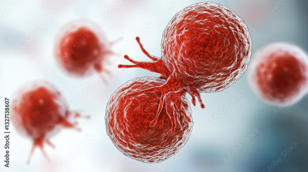 Poster red microscopic cells showcasing biological interaction and structure.