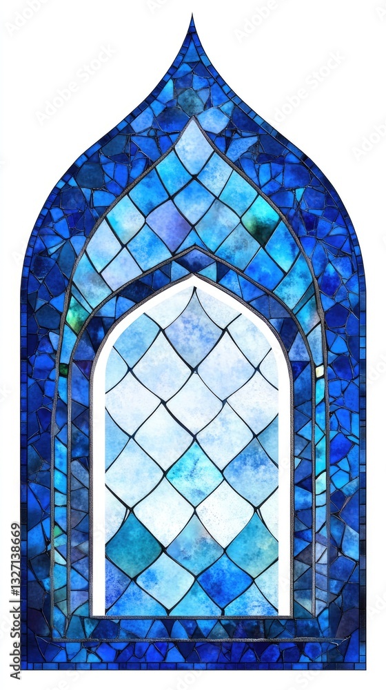 Poster a decorative blue stained glass window with a white frame, suitable for use in interior design or as