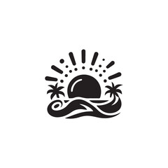 Fototapeta premium Tropical Sunset Scene Logo.This stylized logo depicts a tropical sunset over a tranquil ocean.